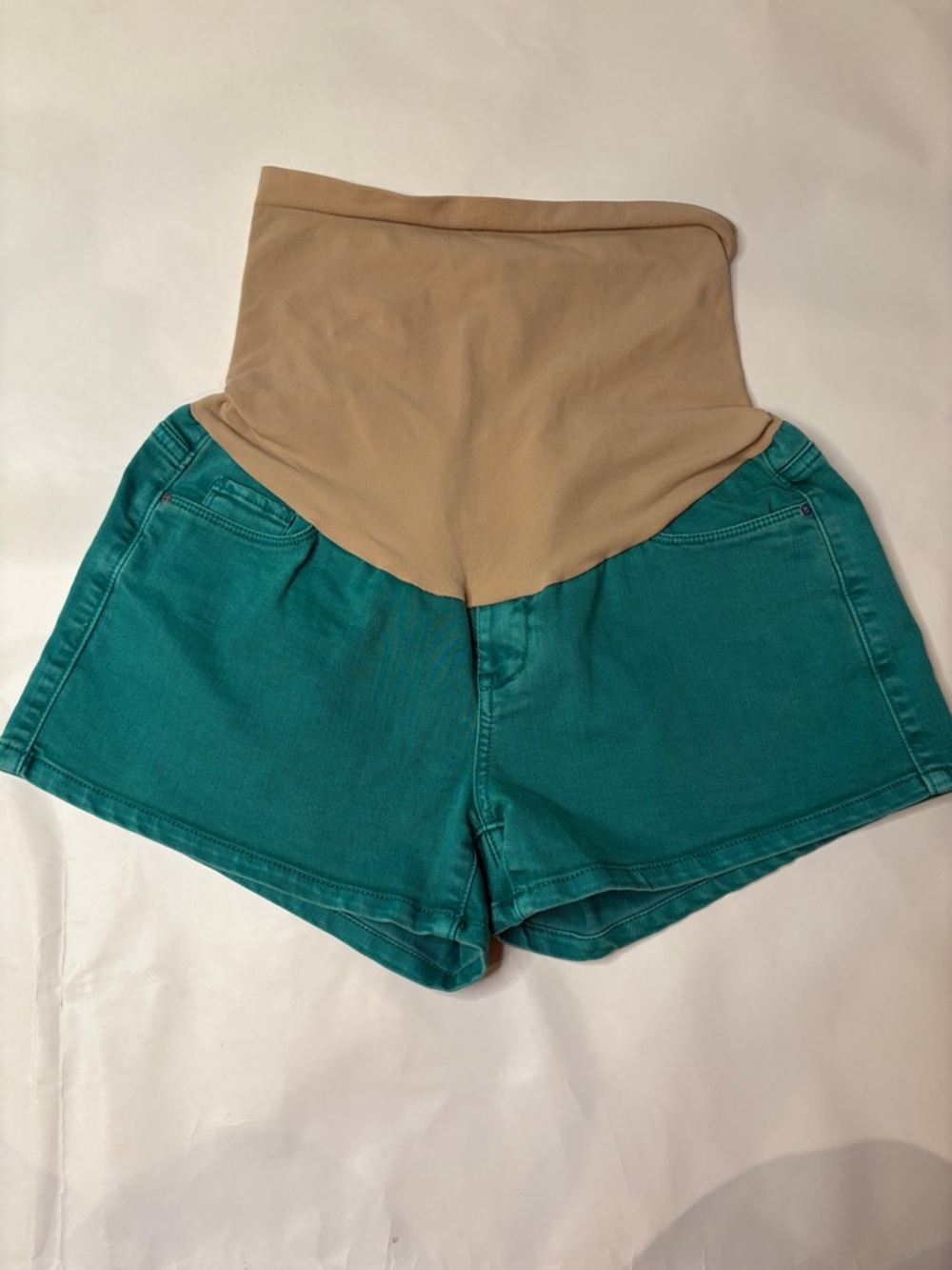 A Pea in the Pod Teal Green Maternity Stretch Denim Jean Shorts High-Waist Panel